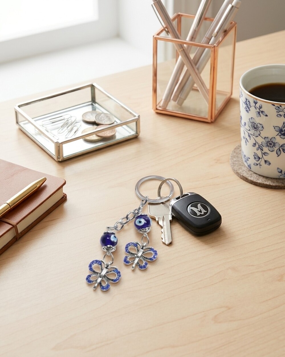 Bag Charm Key Ring Evil Eye with 2 Butterflys